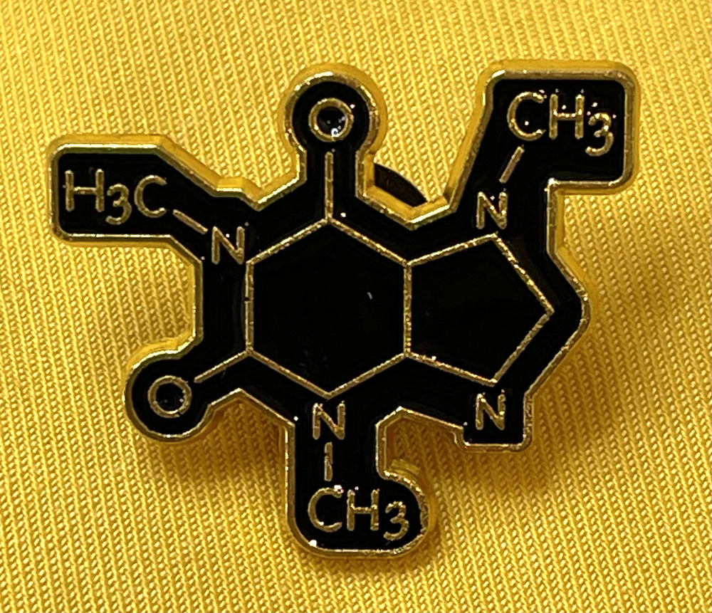 NWOT Caffeine Molecule Brooch Lapel Pin Enamel Black Gold Toned Science Nerd